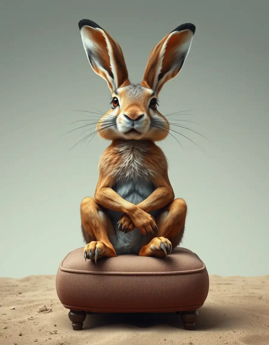 a gritty and sandy image in the style of a satirical psychology portrait of a anthropomorphic hare. the hare sits confidently on an ottoman-stool, its muscular hare legs crossed in a therapeutic pose. the expression is a mix of world-weary exhaustion and aggressive calm, as if telling the tale of its 'trauma from carrot withdrawal'.