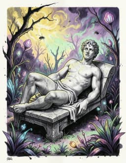 colossal marble sculpture of a youthful male deity in his early twenties, reclining on a stone chaise, set against a beautiful exotic alien landscape of bioluminescent plants and glowing insects, with rich saturated colors and high‑contrast lighting. rendered in turbulent chaos fantasy style, swirling turbulence of sickly yellow, deep purple and pastel green backgrounds, expressive agitated brushwork of thick uneven strokes, bold spontaneous ink strokes on plain paper, a single thick black brushstroke and dry‑brush gray accents, stark monochrome contrast, ink‑filled shadows, wabi‑sabi imperfection, tilted claustrophobic composition, raw existential fantasy atmosphere.