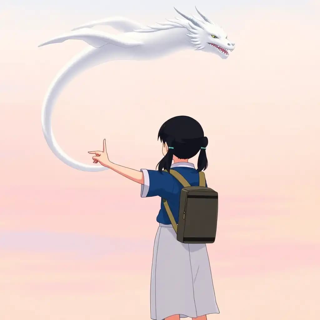 Chihiro, a young girl with long black hair tied in pigtails, dressed in a blue and white shirt and a simple skirt, standing firmly with her back to the viewer. She is set against the backdrop of a tranquil yet ethereal sky that blends softly from a pale blue to a gentle pink hue. Her left arm is outstretched, fingers pointing upwards in a gesture of determination and hope. Descending from the heavens, the majestic dragon Haku, a creature of pure white with a serene, almost translucent quality, approaches with grace and speed. His body is elongated and sinuous, with a flowing mane that seems to dance in the wind. Haku's head is tilted downward, his eyes closed as if focusing on a silent conversation with Chihiro. The dragon's wings, expansive and powerful, cast a delicate shadow on the ground below, hinting at the imminent arrival of an otherworldly being. The expression on Chihiro's face is a mix of awe and resolve, her right hand clutching the strap of her backpack tightly. The scene is framed by the intricate architecture of the spirit world from the Ghibli film "Spirited Away," with whimsical buildings and lush foliage blurring into the distance, creating a sense of depth and wonder. The atmosphere is filled with an anticipation of a significant moment, a silent promise of friendship and adventure about to unfold.