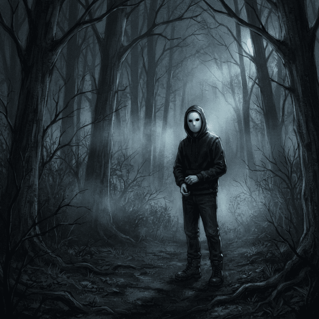 Creepypasta style OC, masked forest proxy with white mask and black hoodie standing in foggy woods, eerie digital art, no gore, moonlight, dark atmosphere
