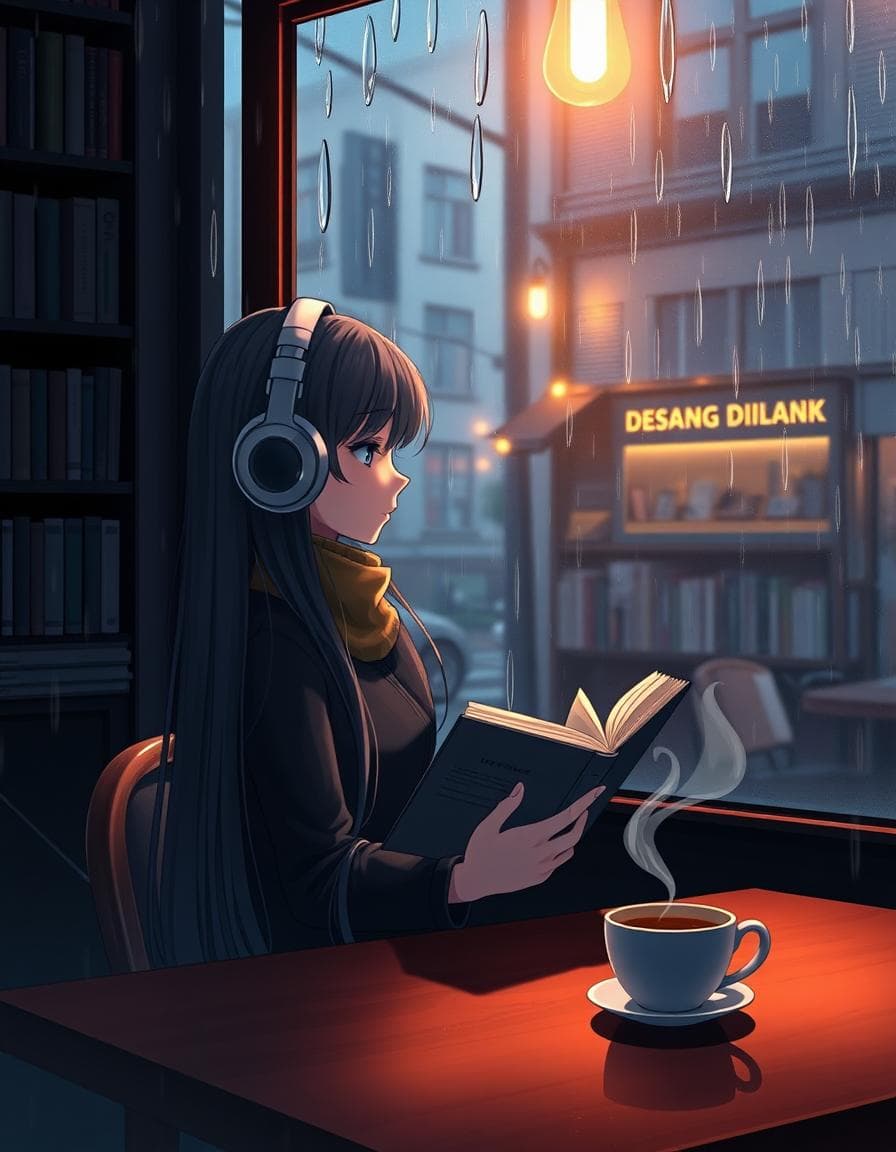 A serene and cozy café, bathed in stark contrast lighting, with a beautiful young woman sitting by the window, her long flowing hair cascading down her back, wearing large over-ear headphones, as she peacefully reads a book, the gentle raindrops sliding down the glass pane, creating a soothing melody, her face illuminated by the warm and soft light, that fills the room with a dreamy, nostalgic atmosphere, the air is filled with the sweet aroma of freshly brewed coffee, as a warm cup sits on the wooden table, steam rising softly, wafting upwards, the background is adorned with shelves of books, that stretch all the way to the ceiling, filled with countless stories, and tales, as the rainy city street outside, creates a sense of tranquility, the scene is depicted in an anime-style, with a soft animation style, and subtle motion, as the rain falls, the pages turn, and the ambient light flickers, all combining to create a sense of warmth, and comfort, in this cozy haven, on a rainy day, with a 16:9 aspect ratio, that immerses the viewer, in this peaceful, and idyllic scene.