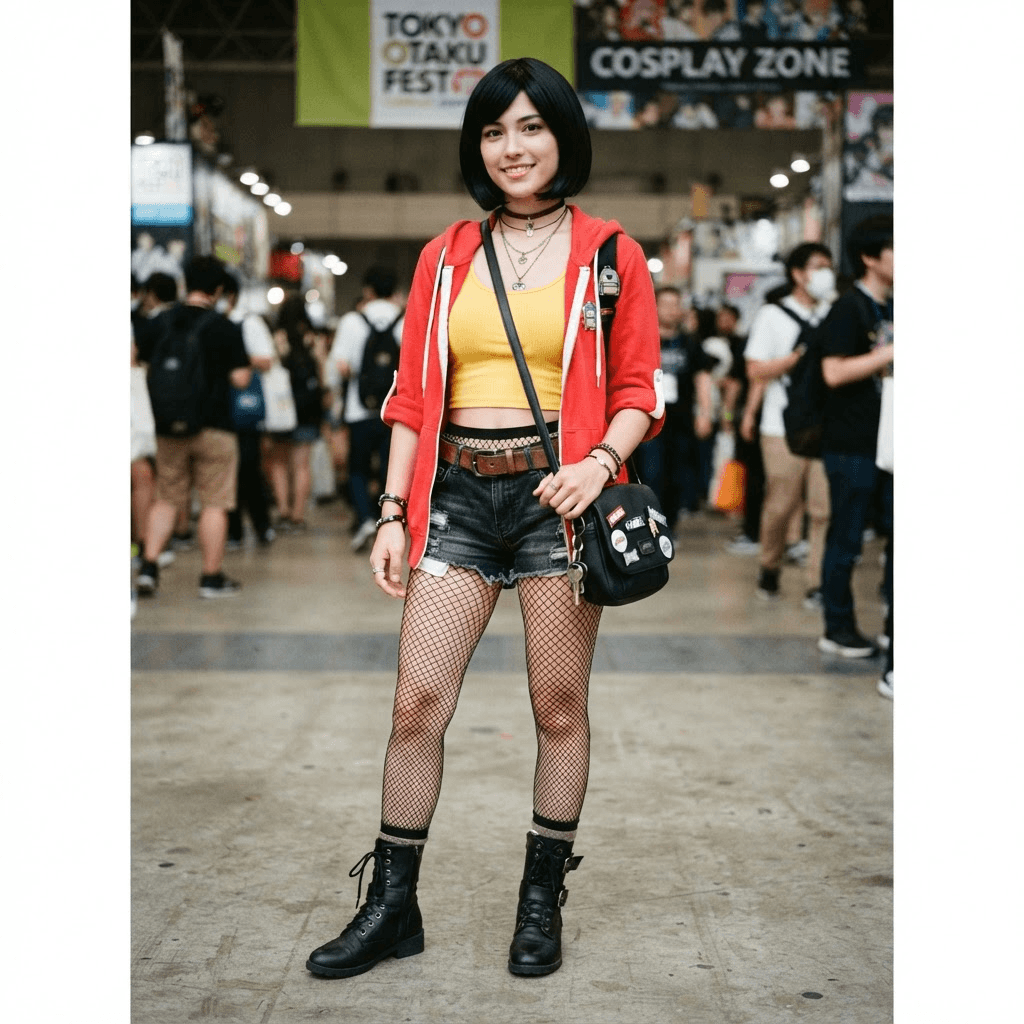 a woman with dark bobbed hair in a yellow crop top and shorts with a red open jacket, cosplay reference, full body, standing portrait