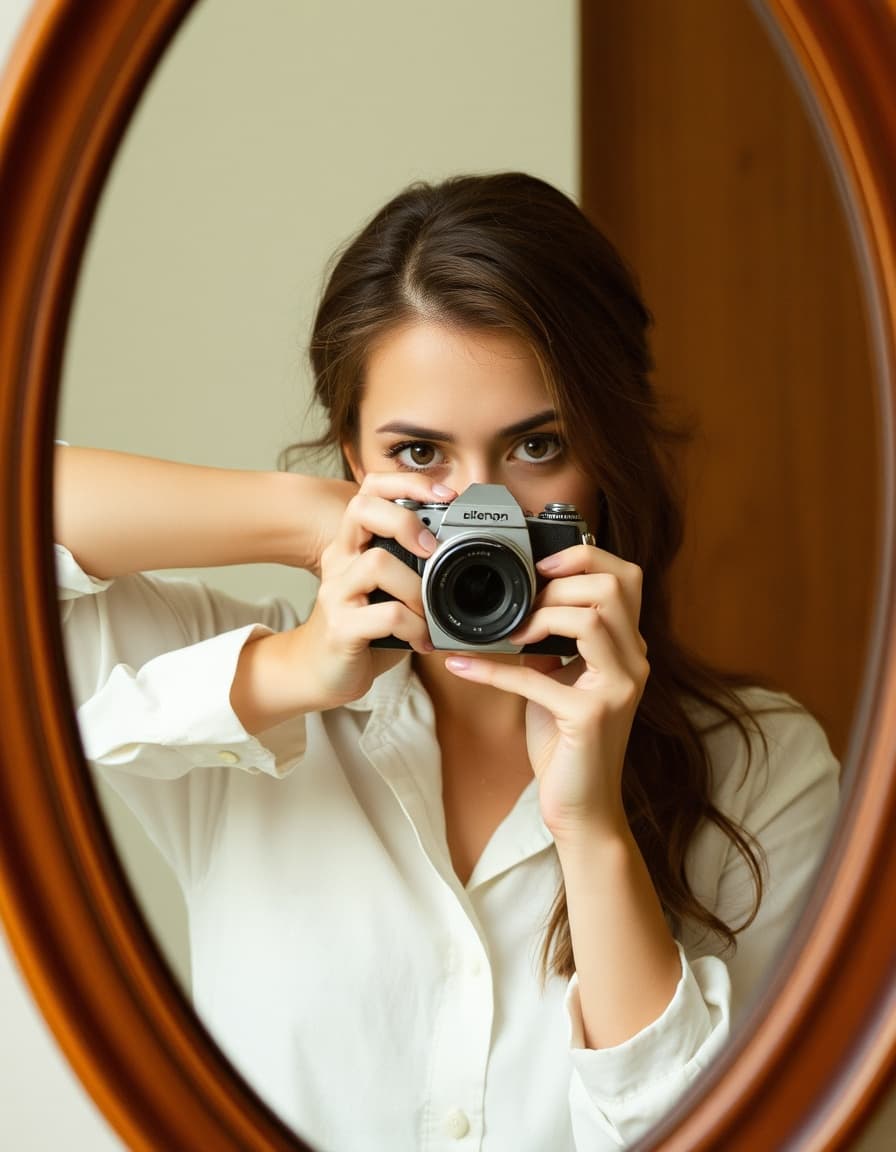 Vintage selfie in mirror, woman, face covered with camera, white shirt