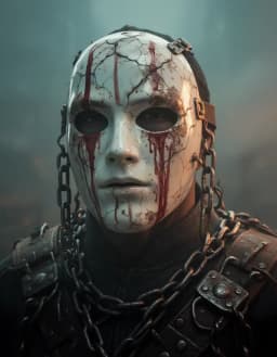 human figure with a masked visage, the mask resembling cracked ceramic or porcelain with fissured glaze and blood‑like vertical streaks, hollow eye sockets, weathered patina and chain‑link attachments, wearing heavy iron chains and metallic hardware over a dark fabric or leather underlayer, presented in an extreme close‑up, foreshortened facial plane with an exaggerated mask‑to‑head ratio, captured from a static frontal three‑quarter view, tight cropped composition, illuminated by dramatic directional lighting that highlights the cracked texture and metallic gleam, set against a subtle atmospheric haze that adds depth, color‑graded with muted teal and orange tones to evoke a moody cinematic feel, rendered with a shallow depth of field at a wide aperture, low iso for crisp detail, in a high‑resolution cinematic style