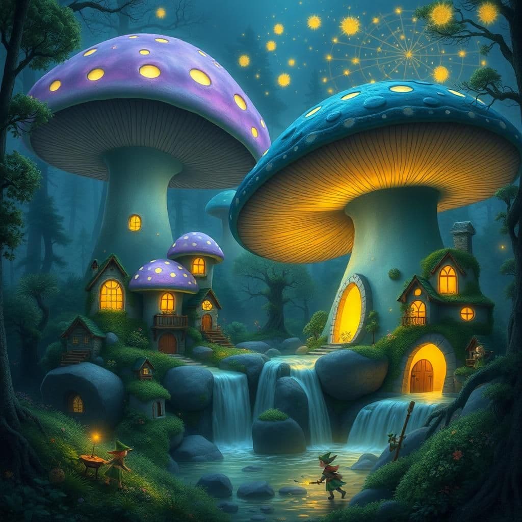A hidden village nestled deep within a mystical forest, where colossal mushrooms tower like skyscrapers, their caps glowing softly in shades of lavender, emerald, and sapphire. Tiny, luminescent homes are carved into the stems, their windows emitting warm golden light. Villagers—small, elf-like creatures with pointed ears and moss-covered cloaks—scurry about, carrying baskets filled with glowing spores and enchanted herbs. A gentle waterfall cascades over a giant, bioluminescent toadstool, its waters shimmering with hints of magic. The air hums with the soft chime of wind instruments, played by the villagers as fireflies dance in intricate patterns above the village, creating a living constellation of light.