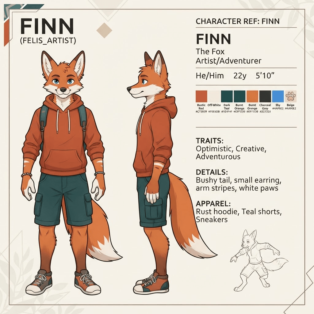 an anthro fursona reference sheet with front and side views and a color palette strip, clean layout, different color scheme