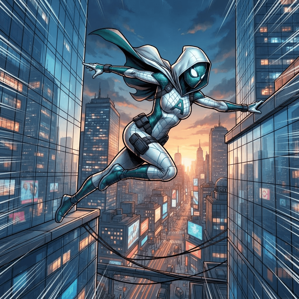 original spider hero in a white and teal hooded suit, mid-swing on a web line between skyscrapers, dynamic action, comic book illustration, vibrant, crisp high detail