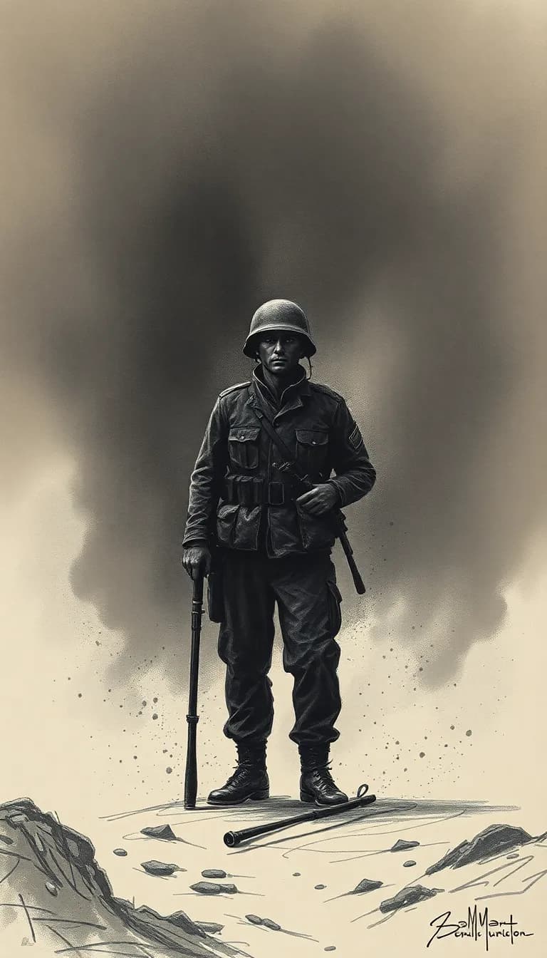 charcoal drawing of a lone soldier standing bravely amidst smoke, dark shading, vintage battlefield sketch, emotional and heroic tone