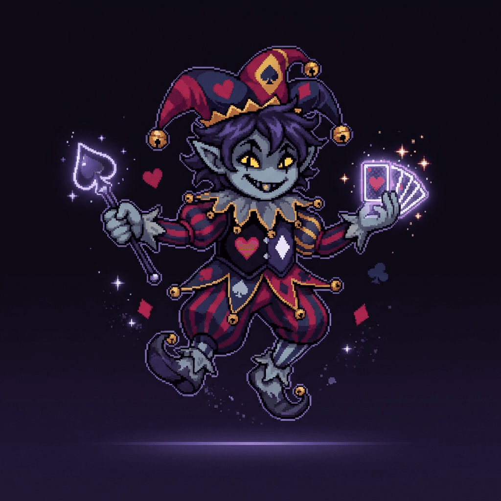 Deltarune dark world style OC, small mischievous jester imp with grey skin and playing card motif, Toby Fox game art style, dark carnival palette, clean background