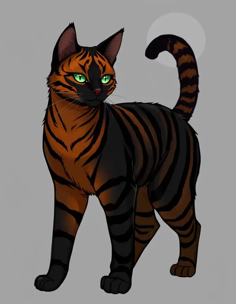 Name: Tiga(warrior cats version)
Clan: marshclan
Gender: She-cat
Age: 18 moons
*Description:(Tiga is a mesmerizing she-cat with fiery orange fur and black stripes, resembling a tiger. Her captivating emerald-green eyes and flirtatious yet independent nature make her stand out. Adorned with a sleek, dark pelt and an Appalachian Tiger Swallowtail butterfly wing clip on her tail, she is both beautiful and mysterious. Role: Warrior/Personality: Tiga is reserved but loyal to those she trusts. She excels in battle with a spear-like technique and a unique night breathing style, enhancing her agility and strength in the dark. She is dedicated to protecting her Clan, combining beauty, cunning, and strength.)*