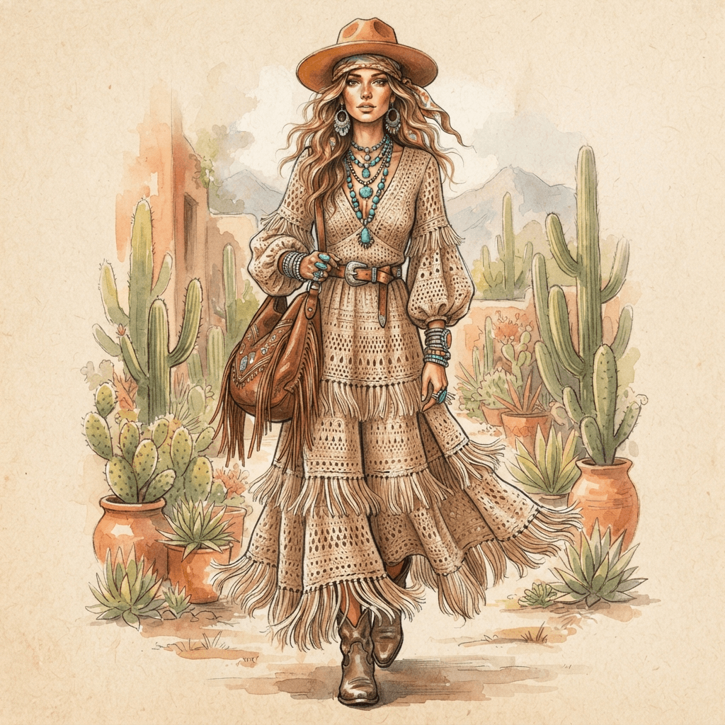 boho fashion, flowing crochet maxi dress, fringe, layered turquoise jewelry, earthy tones, styled with statement accessories, fashion illustration, full body