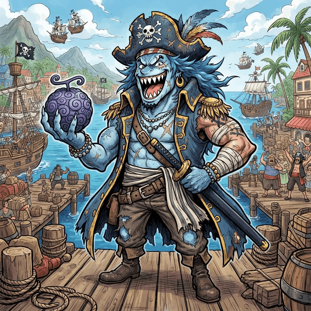 original One Piece style character, bold shonen anime line art in Eiichiro Oda's exaggerated style, expressive face, wild silhouette, vibrant colors, no text, no logos, crisp high detail, a fishman pirate OC with blue shark features, a captain's hat and a devil fruit in his hand, harbor of a tropical island