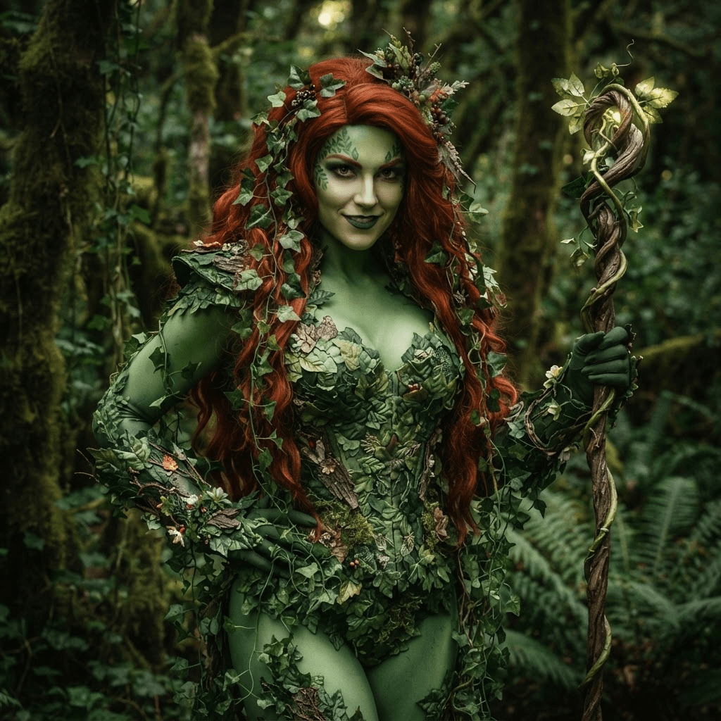a green skinned botanical villain in a leaf covered bodysuit with long red hair and trailing ivy vines, cosplay portrait, waist up, detailed costume