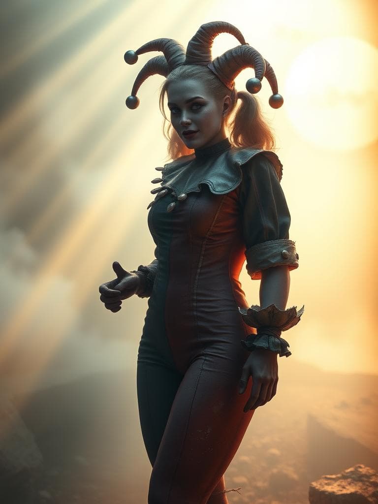 To refine the prompt further and incorporate the 'Style' aesthetic you described, which emphasizes a rough and weathered texture, I'll make some adjustments. Here's the revised prompt:

"Harley Quinn stands alone in a soft, misty space, illuminated by warm, gentle shafts of light that filter through the fog, casting a dusty rose glow on her worn, weathered jester costume. The fabric is frayed, faded, and cracked, with visible signs of wear and tear, telling a story of resilience and age. The light beams radiate from a central, celestial source, creating a sense of nostalgia and timeless charm. The contrast between warm, washed-out blues and faded olive greens in the shadows is exaggerated, making the beams appear to emanate from a heavenly realm. The mist and fog swirl around her, casting a veil of mystery, and interacting dynamically with the light, adding a sense of depth and wonder to the image. In the distance, a subtle, misty landscape hints at a mystical world beyond, with crumbling stone walls and corroded metal accents that seem to whisper tales of forgotten history. Harley Quinn's costume is a mosaic of muted, vintage hues - dusty rose, faded olive green, and warm beige - with rough, uneven textures that seem to glow softly in the gentle, celestial light. Her hair is pulled back, revealing her face, and her eyes gleam with a hint of mischief as she stands confidently, her worn, wooden mallet at her side, its surface pitted and weathered from years of use. The air is charged with a sense of nostalgia, and the only sound is the soft whisper of the mist. Harley Quinn's pose is striking and enigmatic, inviting the viewer to step into the mystical world surrounding her, where the boundaries between reality and fantasy blur."

I've added descriptions of worn, weathered textures to Harley Quinn's costume and mallet, emphasizing the 'Style' aesthetic you described. I've also incorporated elements of aged wood, crumbling stone, and corroded metal into the background landscape, to create a sense of depth and history. The result is a dreamy, mystical, and nostalgic depiction of Harley Quinn, bathed in the warm, gentle glow of celestial light, with a strong emphasis on rough, weathered textures and a sense of age and resilience.