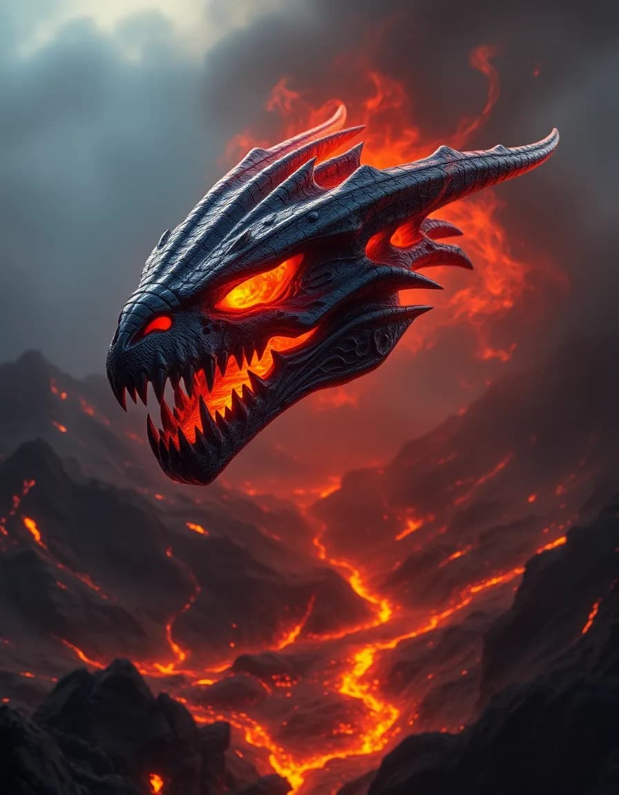 "Dragon skull forged from obsidian, glowing lava cracks, floating above volcanic landscape, epic fantasy style"