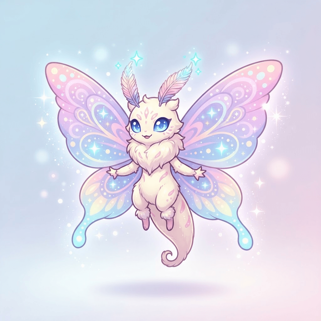 a delicate fairy moth fakemon with pastel wings and sparkles, pokemon-style original creature design, full body, centered, clean soft gradient studio background, vibrant colors, crisp high detail, digital illustration