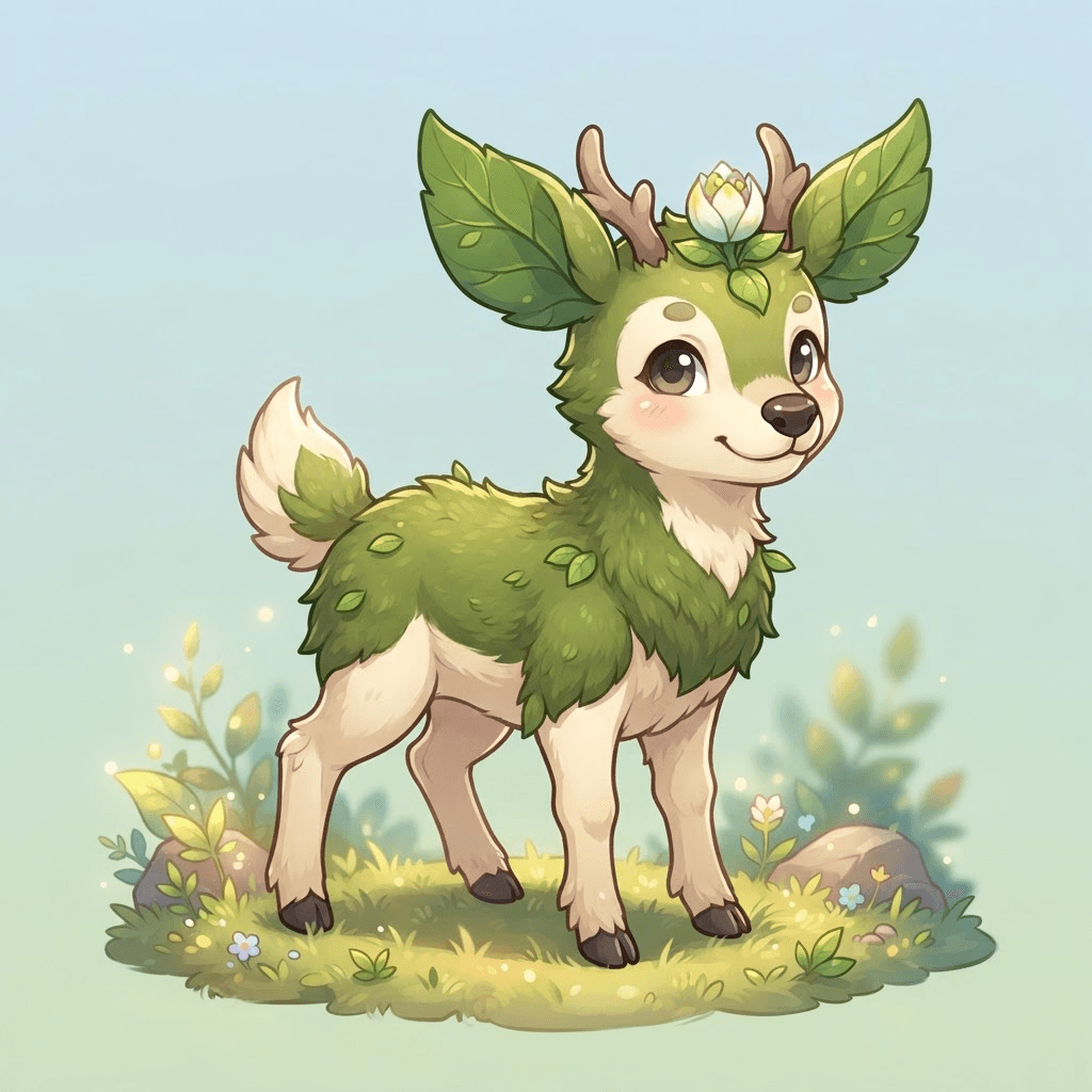 Cute monster-taming game art, full body, original grass creature like a small fawn with leafy ears and a moss-green back, tiny flower budding on its forehead, gentle eyes, cel shaded