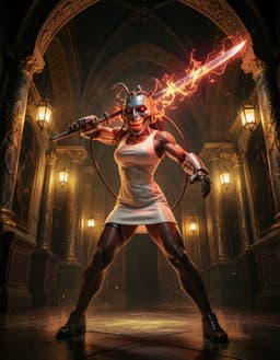 robomonster, a cyber‑punk samurai woman in a sleek white mini‑dress, stands in an opulent royal chamber, blade raised in a blazing mid‑strike, low‑angle view, incandescent fury mood with internal firelight, molten orange and crimson highlights, sulfur‑yellow glows, void‑black shadows, lanterns flickering over gilded arches, dust particles rendered with texture.