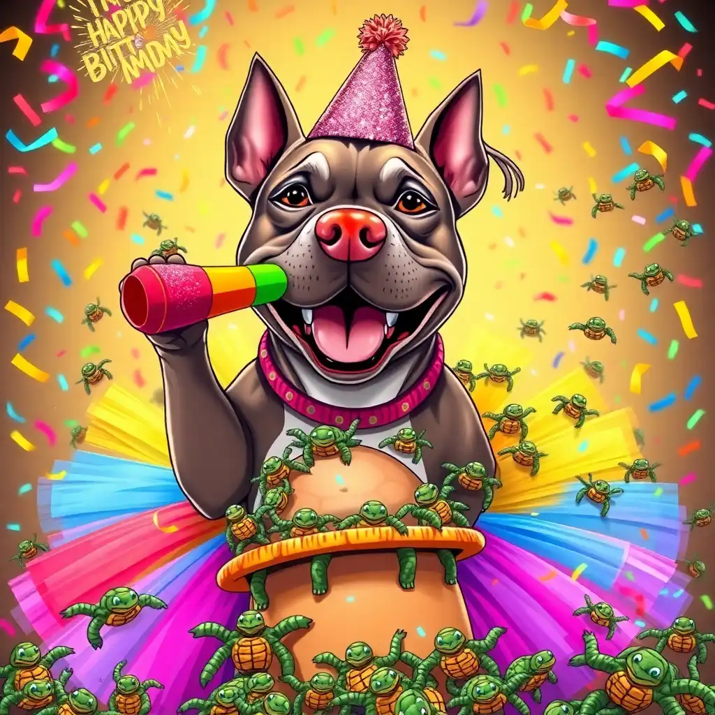 Exuberant red nose Pitbull, rainbow tutu, glittery hat, neon blower.  Faux champagne. Confetti explosion.  Tiny turtles everywhere!  Turtles on tutu, turtles in hat, turtles clinging to streamers.  Giant turtle shell forms the party hat base.  Miniature turtles swim in faux champagne.  Turtles ride confetti.  Hundreds of turtles.  Smiling Pitbull loves turtles.  Joyful chaos.  Vibrant, cartoonish style.  Happy dog, happy turtles.  Festive, crazy scene.  Extreme turtle overload.  Turtle-themed party favors.  Turtles everywhere.
