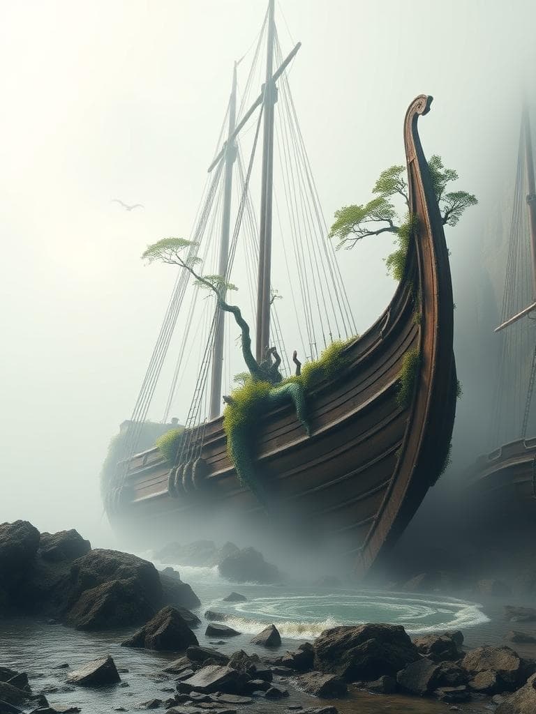 To modify the prompt and apply the 'Composition' aesthetic of forced perspective, I'll rewrite it as follows:

A massive, ancient Greek trireme appears to loom over the rocky shore, its hull towering above the surrounding cliffs of Scylla and Charybdis, which seem miniature in comparison. The trireme's mast stretches up towards the sky, its tip hidden in the thick, misty fog that clings to its worn and weathered wooden hull. Vines and moss cover the ship's frame, and trees grow out of the broken deck, their trunks and branches twisted and gnarled, and seemingly larger than the ship itself. In the distance, the serpentine heads of Scylla appear as small, toy-like creatures, peering out from behind a curtain of fog that swirls around the tiny, rocky outcroppings. The whirlpool of Charybdis is a small, gentle eddy, partially hidden by the misty veil that rises from the rocks, and appears to be a tiny, peaceful pool of water. The air is quiet and still, with only the faint sounds of birds calling and water lapping against the shore, muffled by the thick fog. Beams of light struggle to penetrate the mist, casting an eerie, diffused glow over the scene, and making the atmosphere feel mysterious and nostalgic. The colors are muted and cool, with shades of gray and blue dominating the landscape, and the shadows are soft and indistinct, giving the scene an otherworldly, dreamy quality. The massive ship seems to be floating above the shore, its scale distorted, as if it's about to sail away, leaving the tiny cliffs and sea monsters behind.