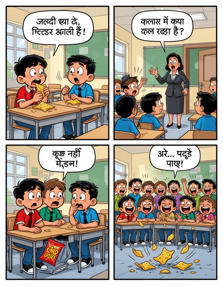 cartoon comic strip, 4 panel layout, bright colorful cartoon style, bold black outlines, expressive characters, school classroom background, funny story, vibrant comic book illustration

Panel 1: two students sitting in class, one secretly eating chips, Hindi speech bubble: "जल्दी खा ले, टीचर आने वाली हैं!"

Panel 2: teacher entering classroom, students surprised, Hindi speech bubble from teacher: "क्लास में क्या चल रहा है?"

Panel 3: chips packet hidden under desk, students nervous, Hindi speech bubble: "कुछ नहीं मैडम!"

Panel 4: chips falling on the floor, whole class laughing, Hindi speech bubble: "अरे… पकड़े गए!"

clean comic panel borders, speech bubbles with Hindi text, playful humor, cartoon expressions, high detail comic illustration