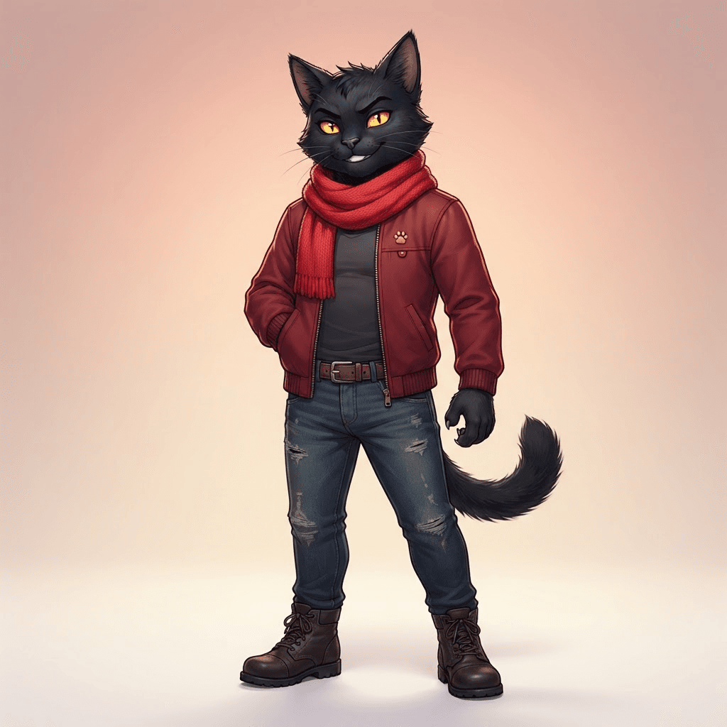 Anthro black cat original character with golden eyes, red scarf and jacket, confident pose, digital illustration