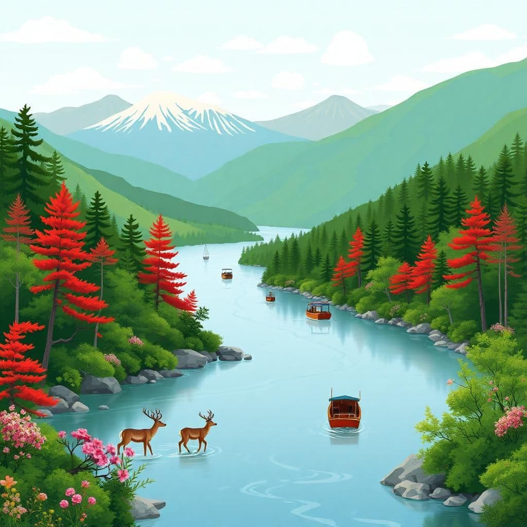 Summer scenery in Heilongjiang, China, with full colors and no blank space, flat drawing style, deer crossing the river in dense forests, red pine and pink mountain flowers, small boats on the water, volcanoes in the distance, and varied mountain colors such as light green, dark green, and slightly yellow
