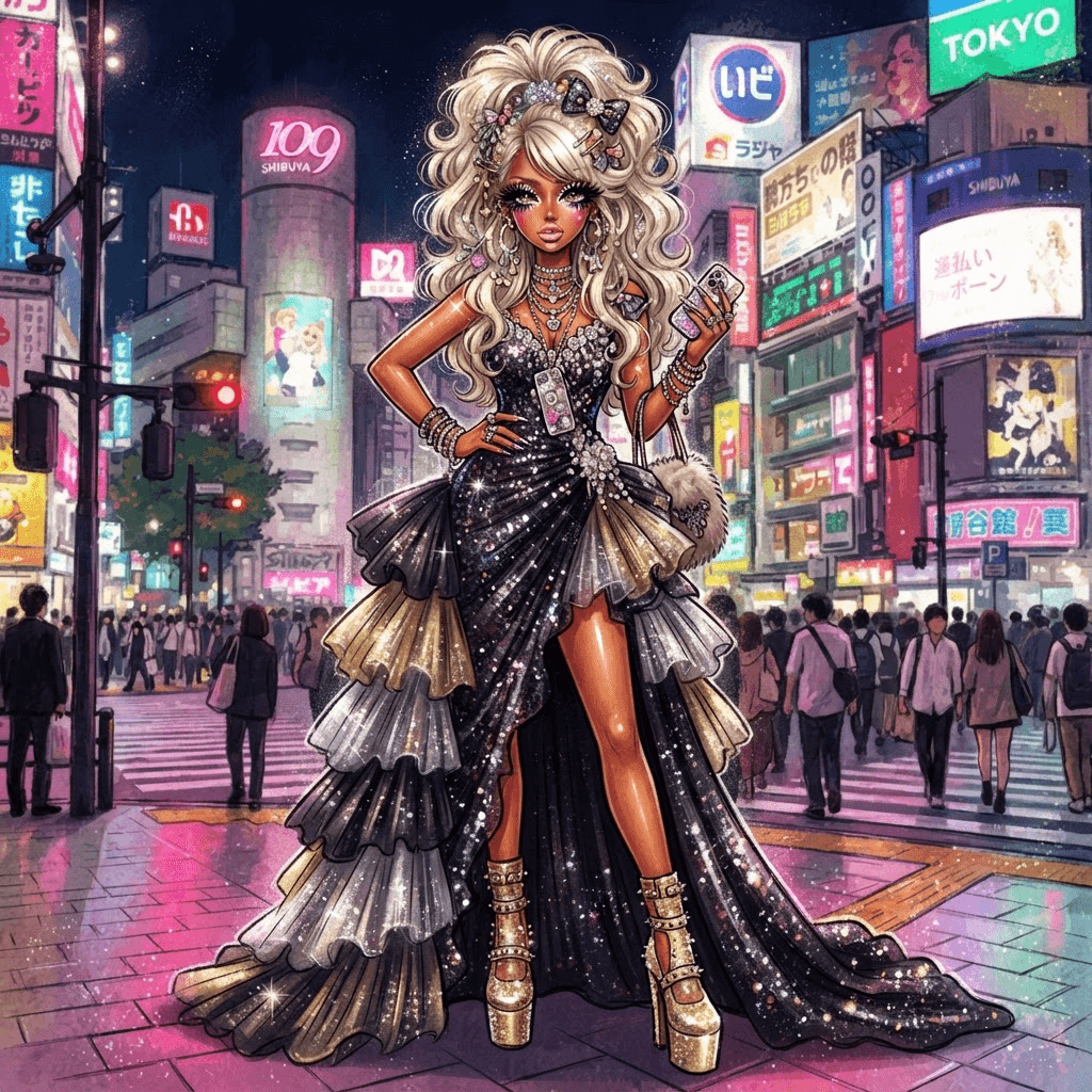 gyaru fashion, tanned glam styling, bleached voluminous hair, layered lashes, glitter, full length gown look, fashion illustration, full body
