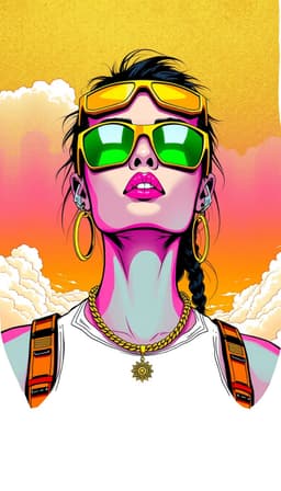 woman in futuristic cyberpunk y2k fashion with gold jewelry and metallic accents, rendered in kano school style bold ink brushwork and thick calligraphic outlines, against a gold‑leaf background and expansive sky with airy clouds, low horizon framing; highlighter bright neon palette of fluorescent yellow, hot pink, electric green, and bright orange over white, loud flat graphic colors; highlighter bright neon palette of fluorescent yellow, hot pink, electric green, and bright orange over white.