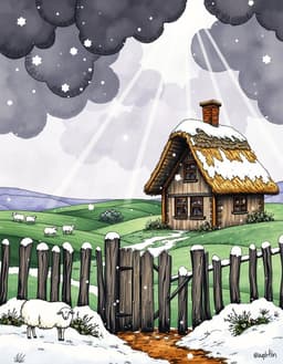 a vienna secession‑styled scene of an enraged snowstorm raging outside a rustic thatched‑roof cabin in the british countryside, with fierce white wind whipping torn‑paper snowflakes and icy acrylic splatter around the cabin’s wooden fence and charming gate. lavender‑hued rays pierce dark clouds above rolling green patchwork fields dotted with fluffy white sheep, while a faint rainbow arches through the storm. decorative gold‑leaf accents, flat ornamental patterns, and elegant linear motifs echo klimt’s geometry, while strong black ink outlines and gentle watercolor‑like transitions preserve a nostalgic, dreamlike mood, with layered torn‑paper textures, ink line work, textile fibers, and distressed glue marks adding depth.