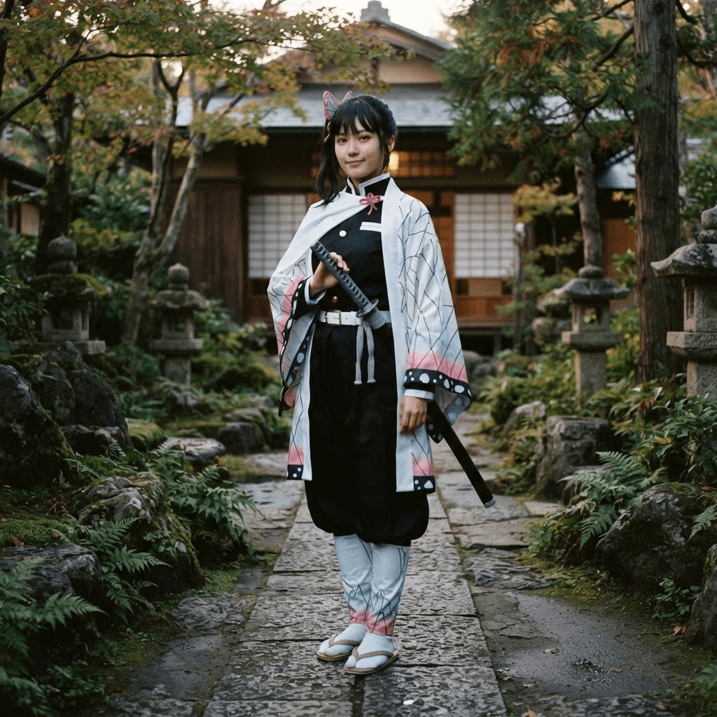a demon slayer corps swordsman in a black uniform with a patterned haori and a katana, cosplay reference, full body, standing portrait