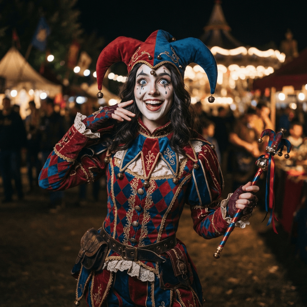a harlequin jester in a red and blue diamond patterned costume with a belled collar and wide expressive eyes, cosplay portrait, waist up, detailed costume