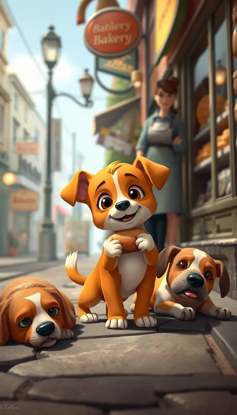 A small orange and white puppy with big round eyes, small ears, short tail, standing on all four paws, holding a small loaf of bread in mouth, next to a weak mother dog lying on ground, friendly shopkeeper standing nearby, cozy street outside a bakery, cartoon style, semi-realistic, bright colors, cinematic lighting, all characters clearly visible and no other dogare visible in photo