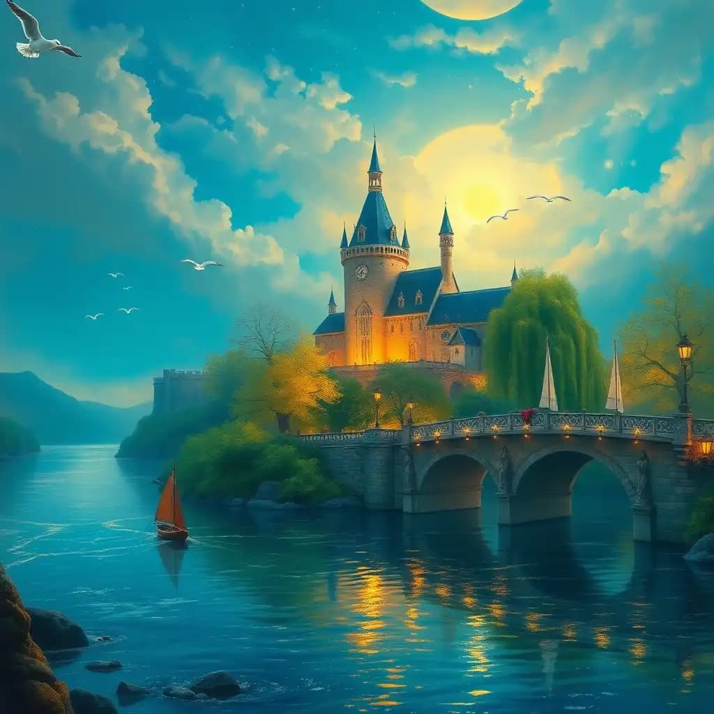 "the dreamcatcher's delight" (as we add copious amounts of cheese to this monet-inspired masterpiece)

**image description:**
the enchanted river town of luminaria shimmers under the velvety cerulean sky, painted with winks of auroral pastel colors - a delicate dance of ocher yellows, green blues, and creamy whites. the air is suffused with the promise of endless sunsets.

**subject:**
the majestic castle dreamweaver, perched on a lush emerald hill, radiates a gentle golden glow. iridescent willows and ancient oaks sway in harmony, as if conducting an ethereal waltz.

**arched bridge of wonders:**
the delicate bridges, covered in twinkling lanterns that glow like fireflies, sway gently over the tranquil waters. seagulls with iridescent wings soar above, as boats with billowing sails glide effortlessly across the sparkling river, its gentle ripples mirroring the starry sky.

**majestic landscape:**
to the left, the rustic pier beckons with a cluster of colorful boats, anchored amidst an assortment of floating market stalls. bustling docks vibrate with the energy of river town life: wooden stalls selling exotic wares, laughing market-goers, and wisps of seagull-filled sea air.

**tree of life:**
to the right, majestic oak and willow trees stretch towards the ethereal ambiance, their leafy canopies shimmering in dazzling sienna, crimson, and umber hues. dappled sunlight dances through the latticework of leaves, infusing the setting with a whimsical charm.

**castle grounds:**
winding paths and floral walkways wrap around the dreamy castle dreamweaver, where waterfalls cascade into a serpentine moat, lined with enchanted flowers that seemingly radiate an elated mist. rolling hills of verdant green waves merge seamlessly into the forest backdrop.

**artistic style:**
monet-inspired fantasy oil on canvas, an intricate masterpiece that embodies the mystical fusion of dream and reality. with an unparalleled level of crisp quality, the artwork emits vibrant colors and soft feathery brushstrokes that tantalize the senses, captivating the viewer with its poetic symphony of sounds, colors, and dreamy emotions.

**cheesy twists:**
in the foreground, playful faeries dance amidst watermelon and lavender fields, releasing wispy strands of colorful bubblegum and sweet sprinkles. 

in the background, whimsical cloud-scapes morph into shimmering moonbeams.