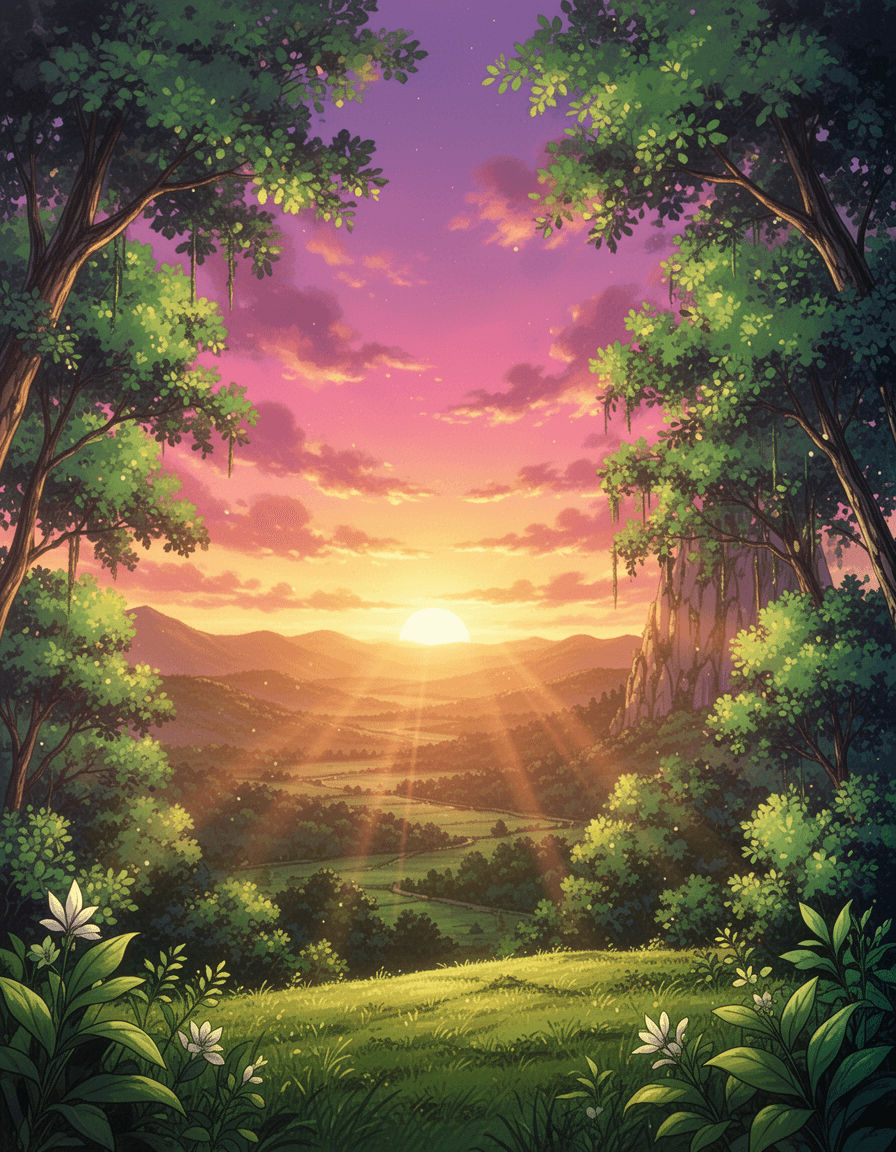 in a vibrant and cinematic stylization anchored by bold linework and controlled chromatic harmonies, we see a breathtaking landscape unfolding at golden hour, bathed in the warm, rich tones of sunset and gilded by the soft glow of ambient light. towering above, a tapestry of lush greenery stretches across the canvas, with leaves of emerald and jade shimmering in the fading light. the sky, ablaze with hues of rose and amethyst, is set aflame as the golden hour descends, casting long shadows across the landscape and imbuing the scene with a sense of awe and wonder. amidst this idyllic backdrop, a stylization grounded in the disciplined use of bold linework, controlled chromatic harmonies, and simplified yet expressive facial geometry, reminiscent of classic anime, subtly weaves itself into the narrative, elevating the scene to an epic canvas, teeming with symbolism and visual drama. this harmonious union of anime stylization and cinematic grandeur creates an unforgettable visual experience, transporting the viewer to a world of breathtaking beauty and timeless wonder.
