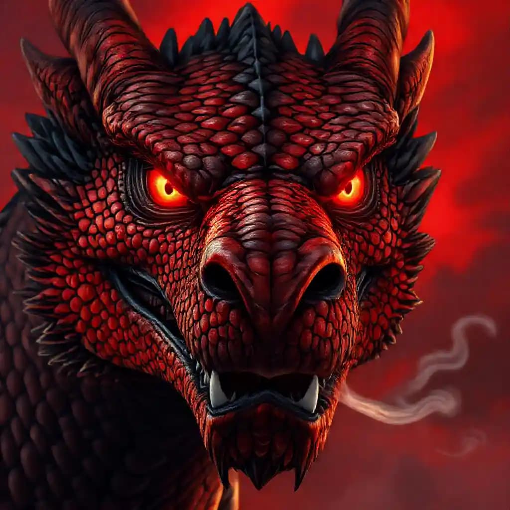 Illustrate a hyper-realistic close-up of a dragon’s face. The dragon’s scales, in intricate patterns of deep red and black, are illuminated by a subtle light, enhancing their texture and sheen. The dragon’s eyes, glowing an intense red, reflect ancient wisdom and fierce power. Its nostrils emit a fine wisp of smoke, hinting at the fire within. Sharp, menacing teeth are visible as its mouth is slightly open, and the detailed, scaly skin around the eyes and snout emphasizes its fearsome and majestic presence. The background is a blurred, dramatic red sky, keeping the focus on the dragon's imposing face.