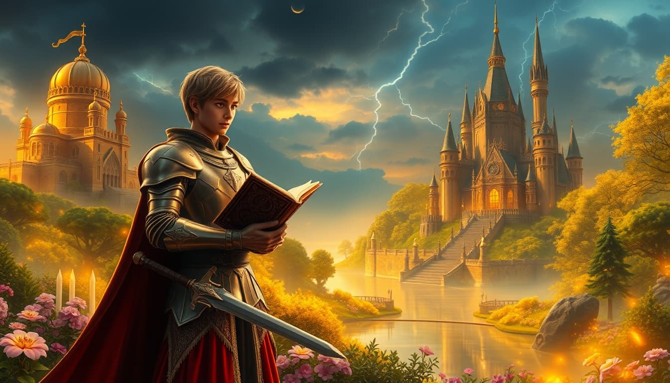 Two beautiful fantasy kingdoms separated by a river, golden castles, glowing forests, magical atmosphere, sunrise lighting, cinematic fantasy landscape, ultra detailed, Disney style, 4kbrave young prince standing in shining armor in front of a royal castle, holding a sword, heroic pose, fantasy kingdom background, dramatic lighting, cinematic Disney style, ultra detailedbeautiful princess in royal gown reading an ancient magical book in a palace garden filled with glowing flowers, soft sunlight, fantasy atmosphere, Disney princess style, ultra detaileddark evil sorcerer with glowing red eyes casting dark magic, storm clouds and lightning in the background, dark fantasy castle, dramatic cinematic lighting, ultra detailed fantasy artbrave prince riding a horse through a dark enchanted forest with glowing trees and mist, adventure fantasy scene, cinematic lighting, epic fantasy art, ultra detailed