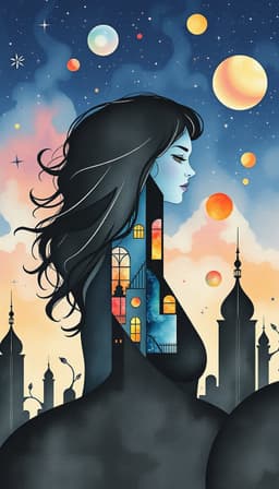 woman‑house hybrid silhouette portrait against a mystical night sky, rendered in watercolor vogue style with delicate ink outlines and soft pastel watercolor washes, blurred textures and gentle gradients. the hybrid figure—flowing hair, chrome‑reflective angular architecture, eyes swirling rainbow motifs—emerges from shadowy architectural forms, highlighted by crisp decorative edges softened by watercolor bleed. surround the scene with a joan miro‑inspired background of whimsical organic shapes, playful black lines, and floating primary‑color blobs that echo surreal constellations, all rendered in loose watercolor strokes. subtle wood‑grain and newsprint texture hints appear as faint grainy washes, layered paint surfaces create a calm, soft cinematic mood with gentle contrast and a faint glow.