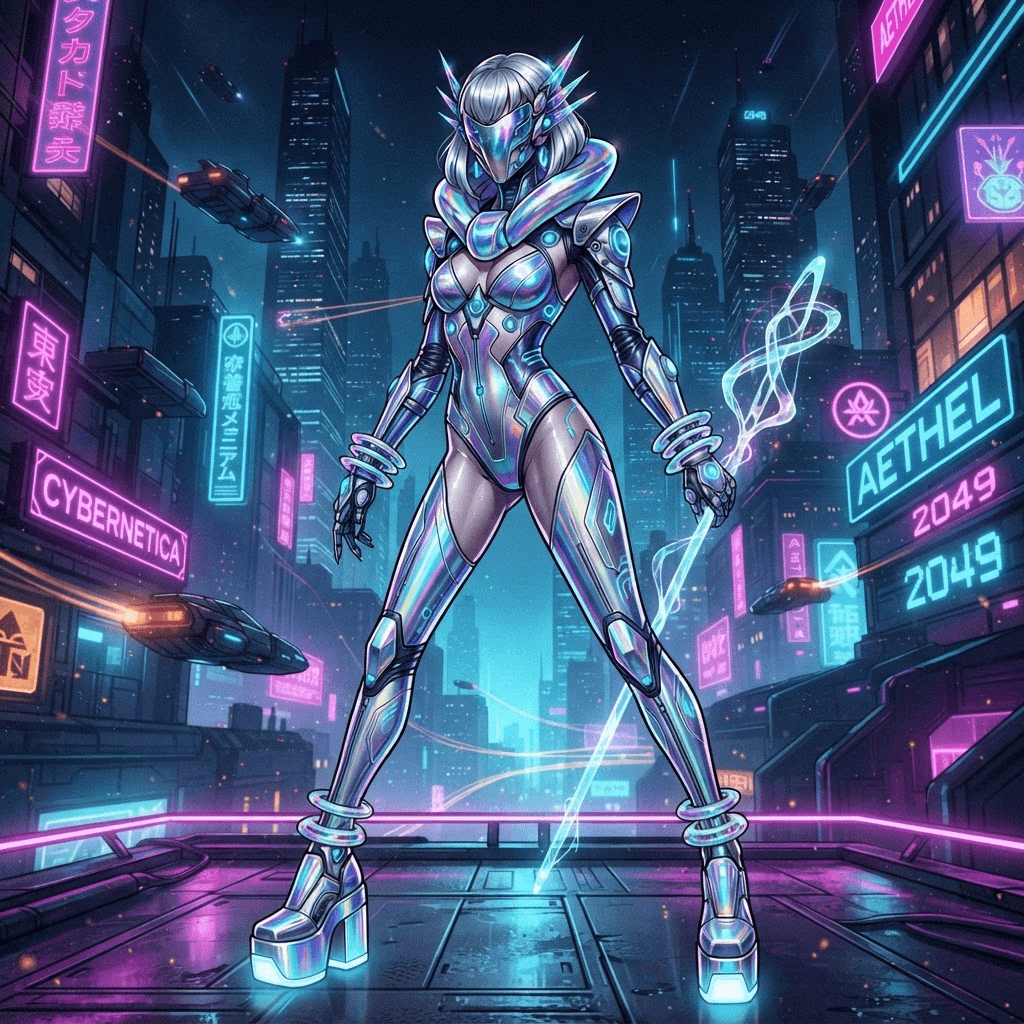y3k futuristic fashion, chrome iridescent bodysuit, holographic panels, alien silhouette, liquid metal, styled with statement accessories, fashion illustration, full body
