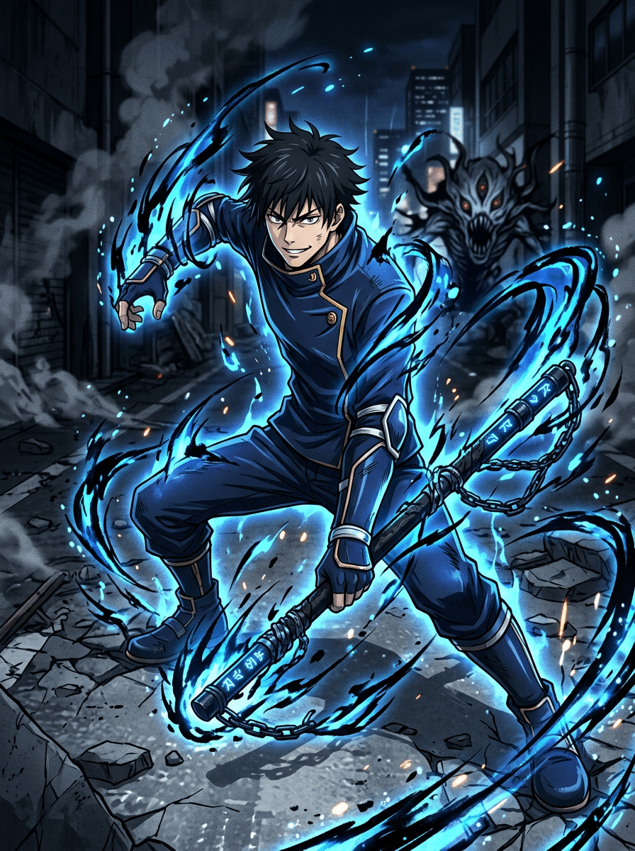 an original jujutsu sorcerer character, confident battle stance, glowing cursed energy swirling around the body, sleek dark sorcerer uniform, signature weapon, Jujutsu Kaisen anime style, cinematic MAPPA-inspired action, crisp cel shading, dynamic cursed-energy effects, dramatic ink linework, high-contrast lighting, fluid action poses, detailed sorcerer uniforms, intense facial expressions