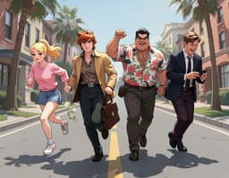 kitsune mckenzie dashes forward on a sun‑drenched beverly hills street, a leather briefcase spilling bright dollar bills; furio perino follows close behind, arms raised defensively; bianca “bia” atch sprints left, hair whipping in the wind, glancing back; lorenzo “cobbles” vance lags slightly, laughing while checking his iphone. leipzig school style with muted earth tones, cool grays, disciplined brushwork and precise figurative realism, formally structured composition. wide‑angle, low‑angle view capturing the group mid‑stride.