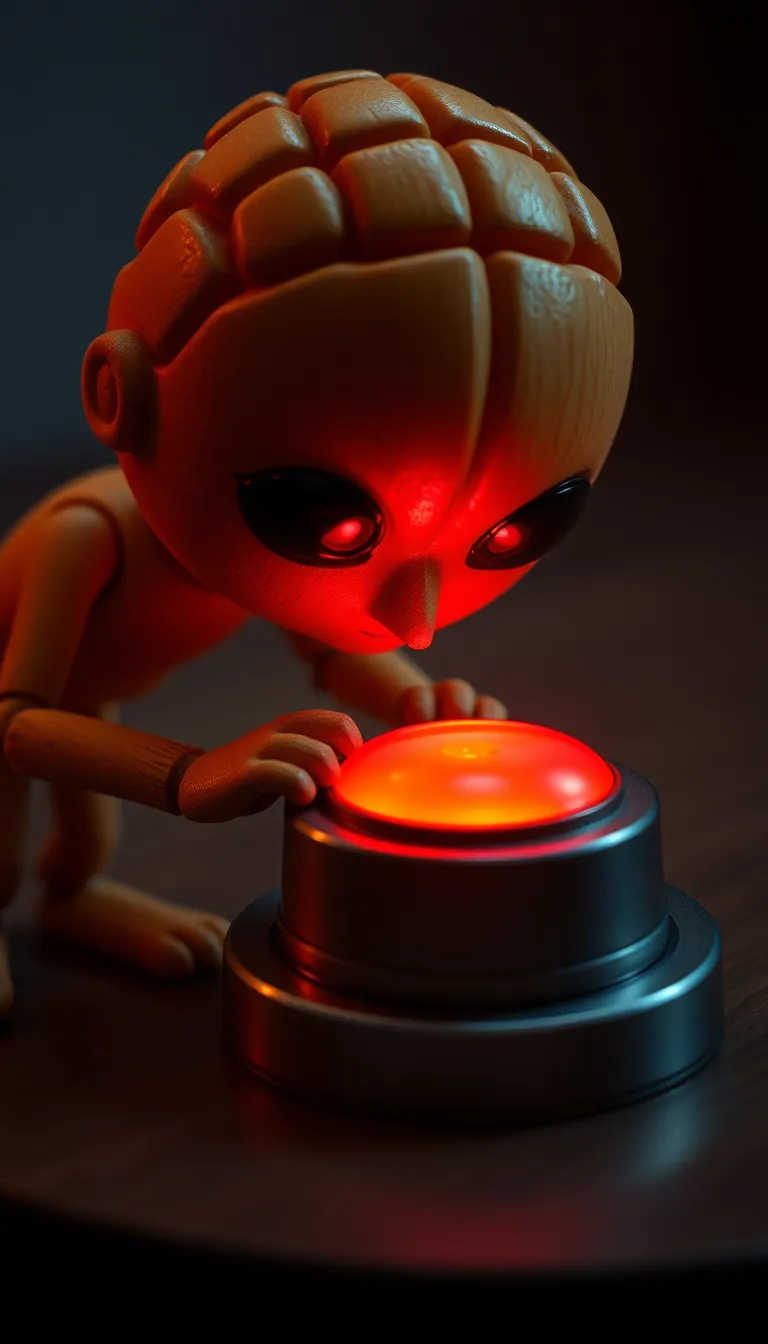 A glowing red button placed on a small table, pulsing with light, mysterious and dramatic.
A small wooden brainrot creature, short and rounded with big glossy cartoon eyes, leaning very close to the button, whispering seriously.
Alarm-like vibe, intense red glow reflecting on the wooden face.
Extreme close-up, cinematic lighting, dramatic shadows, glossy toy textures, 3D cartoon brainrot style, ultra-HD, vertical 9:16.