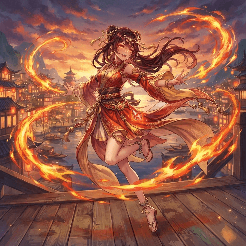 fantasy anime girl in a red and gold silk outfit inspired by a lantern harbour city, flame trails around her hands, a small glowing red gem on her hip, painterly sunset sky, dynamic pose, full body