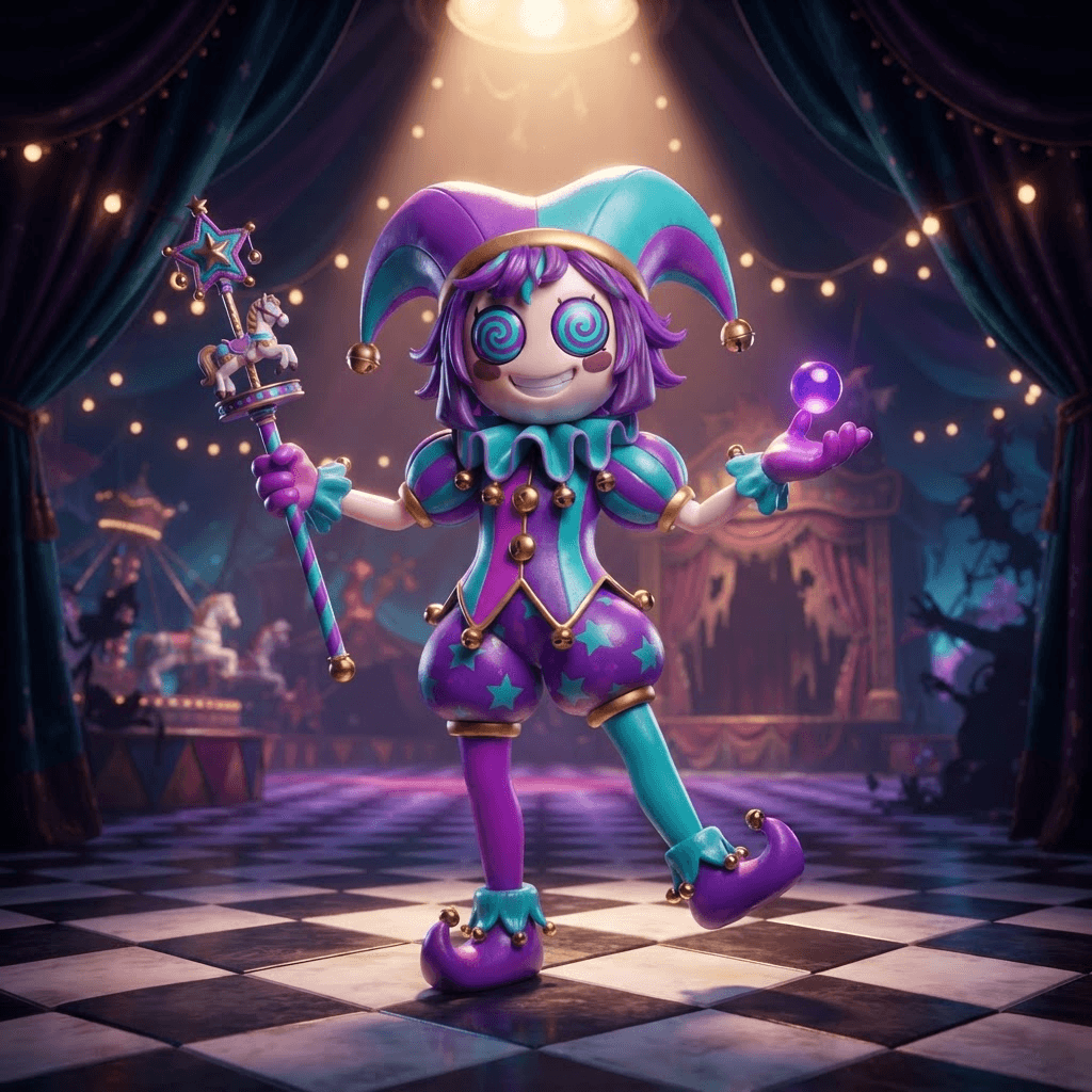 Original jester OC inspired by Pomni, purple and teal, spiral eyes