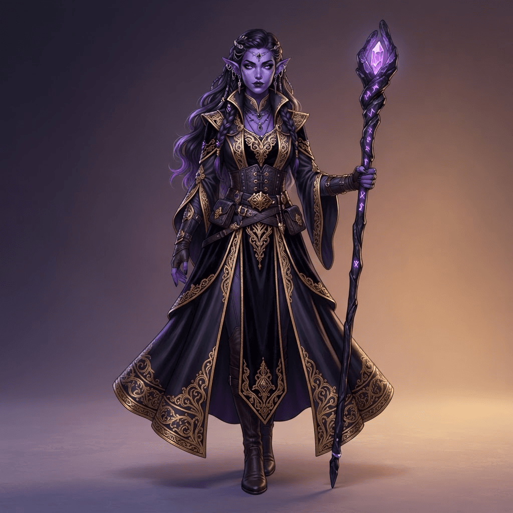 original character design of a dark elf woman with deep violet skin, black and gold layered robes, obsidian staff, pointed ears, full body standing pose, clean soft gradient studio background, vibrant, crisp high detail, digital illustration, no text, no words, no watermark