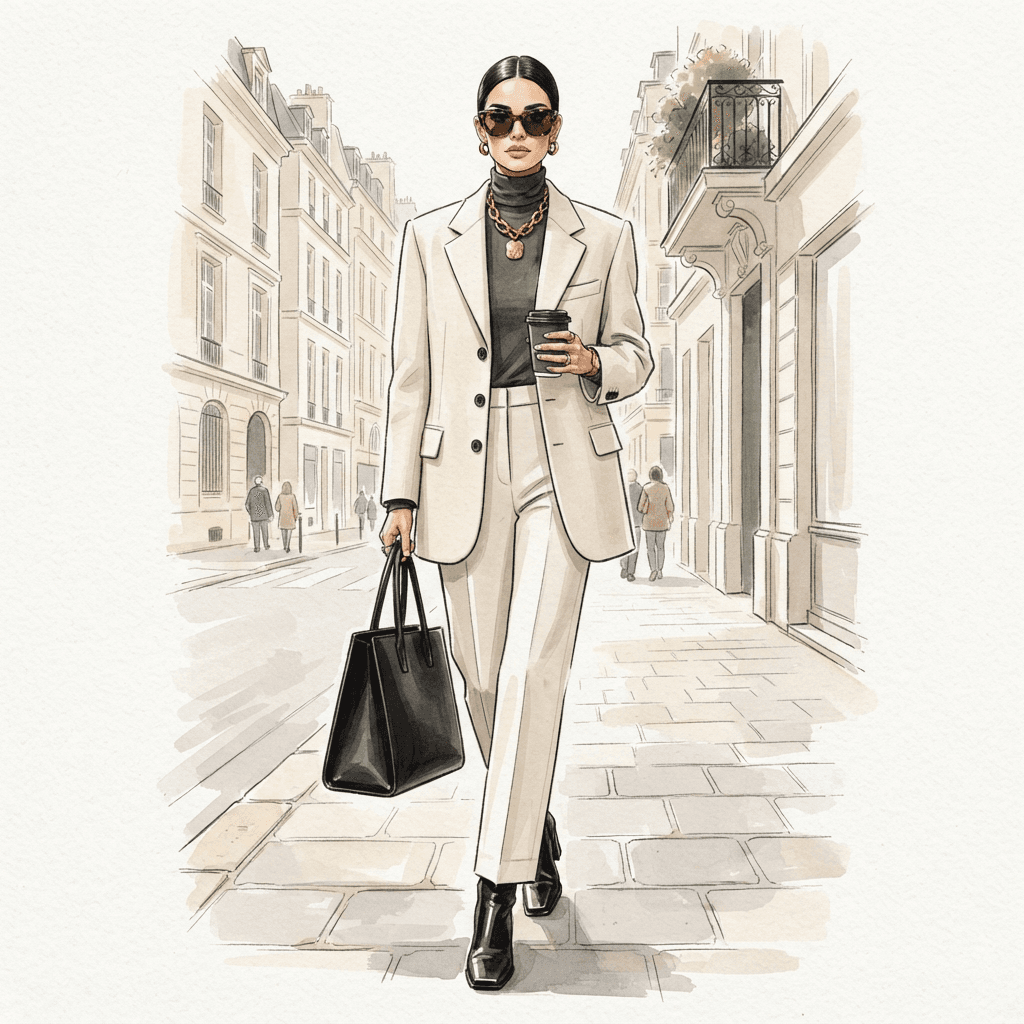 polished minimalist chic fashion, tailored neutral separates, clean lines, understated luxury, styled with statement accessories, fashion illustration, full body