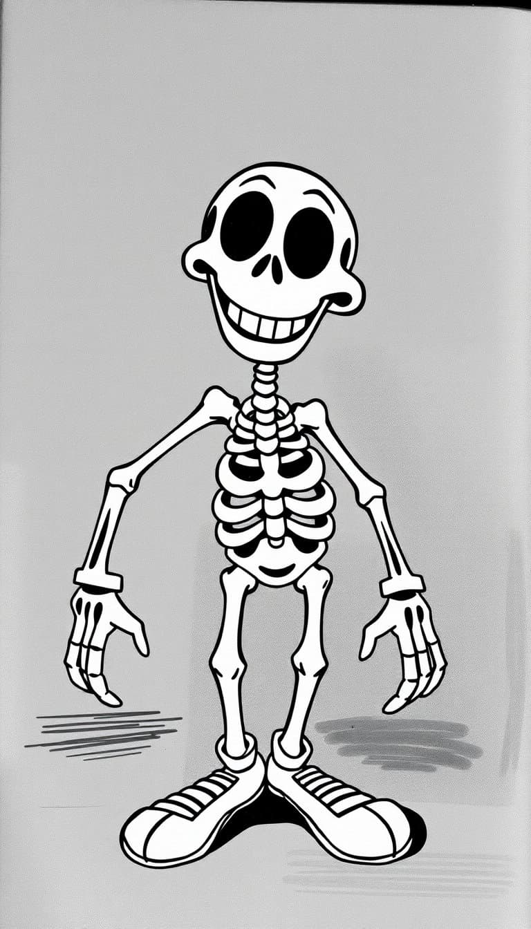 1930s Fleischer-style rubber hose cartoon character, anthropomorphic skeleton , expressive pie-cut eyes, giant vintage cartoon smile, bendy rubber hose arms and legs, white gloves, oversized shoes, cheerful spooky personality, authentic early 1930s cel animation aesthetic, old-fashioned haunted radio character, black and white vintage film frame, hand-painted background, surreal Fleischer atmosphere, thick ink outlines, subtle animation wobble, film grain, cel dust, monochrome ink shading, vintage cartoon proportions, highly authentic rubber hose animation style