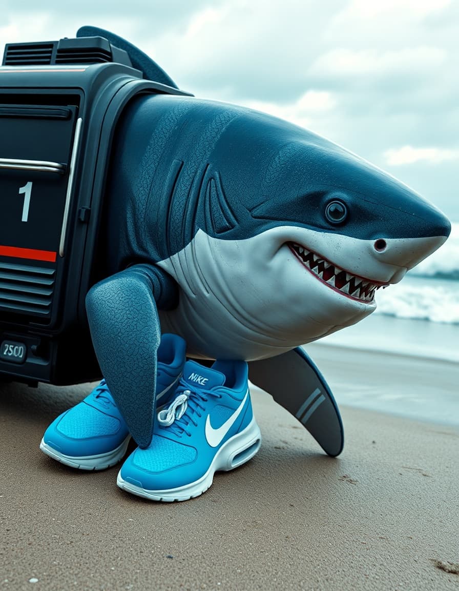 A surreal hybrid creature, a futuristic train with the body of a shark, wearing bright blue Nike sneakers, hyper-realistic, ultra-detailed, 4K resolution, cinematic lighting, ocean beach background with dramatic waves, fantasy surrealism, brainrot aesthetic, absurd but funny, photorealistic textures, sharp details, wide-angle cinematic shot