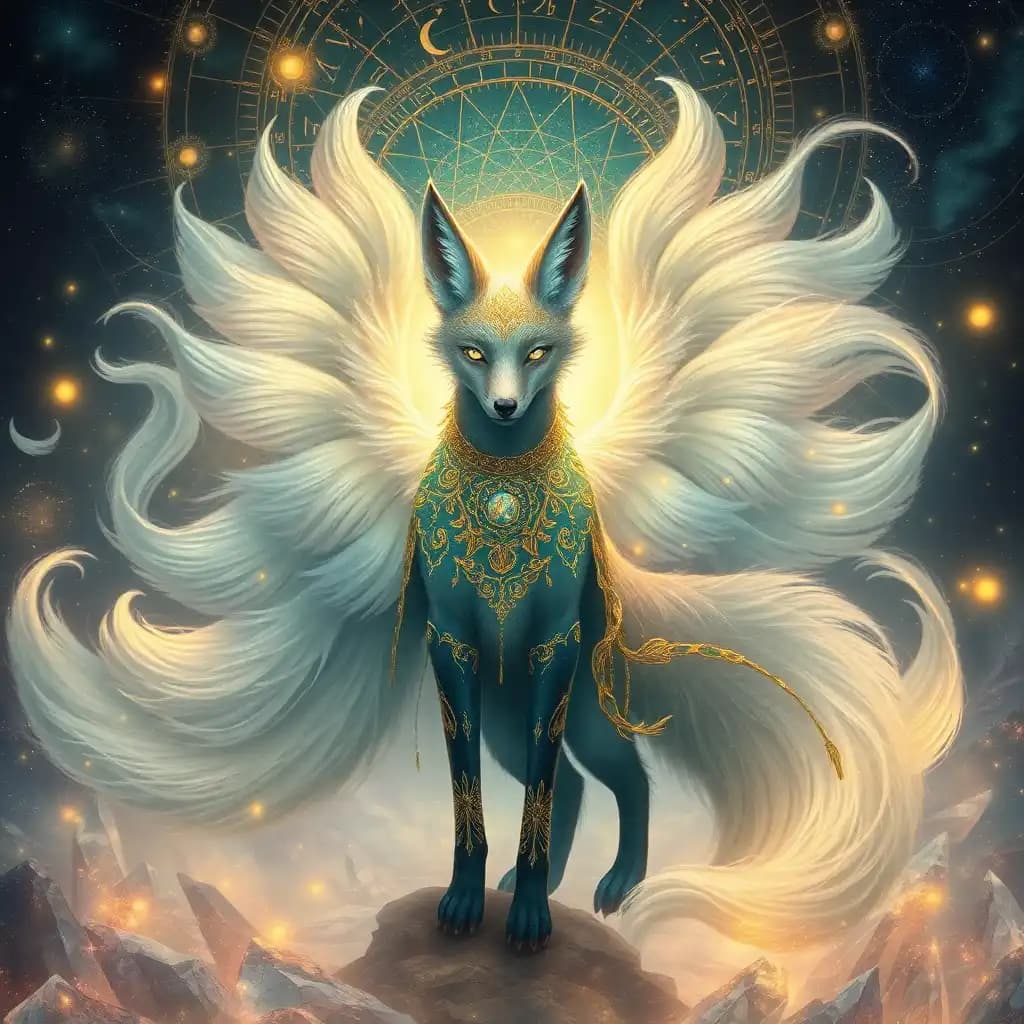 create an otherworldly depiction of a celestial fox being with twelve elongated tails, each shimmering with iridescent hues that shift and change, bathing the surrounding environment with gentle, luminescent radiance. their eyes gleam with an otherworldly glow of sapphire and emerald that shine like illuminated manuscript inlays. their ethereal attire blends organic and metallic elements, intricately adorned with celestial cartography and astrological symbols that seem to hold the secrets of the cosmos, and reflects a soft, ethereal light that rivals the radiance of gilded calligraphy. they stand in a crystalline clearing, surrounded by pulsating orbs of light and swirling cosmic dust, which seem to converge and react to the celestial fox's luminescent form amidst the intricate patterns of a cosmic illuminated manuscript that writ large across the fabric of reality, evoking a sense of grandeur and mystique that transcends the ages. the art style is surreal, reminiscent of medieval illuminated manuscripts, with intricate knotwork patterns, fractal-like details, and ornate borders that captivate the imagination.
