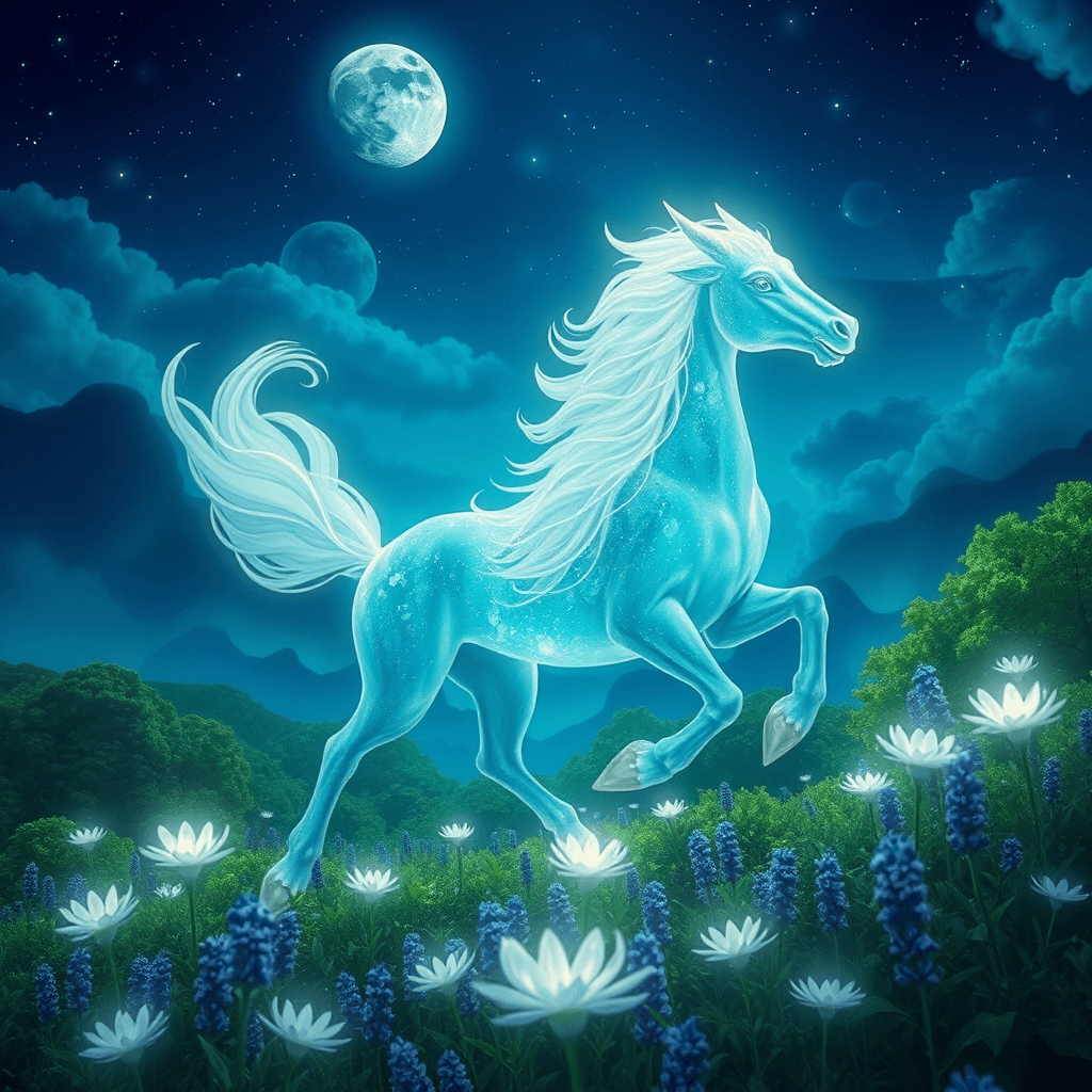 Under the watchful eyes of a sapphire moon, emerald canopies stretch skyward, culminating in a divine kirin appearing from astral mists. Its opalescent body resonates like a celestial coalescence, bearing stories written in the alphabet of falling stars. As it canters, each step plants crystalline flowers, releasing an intoxicating aroma of lavender and sandalwood, blending reality and fantasy into a singular vision.